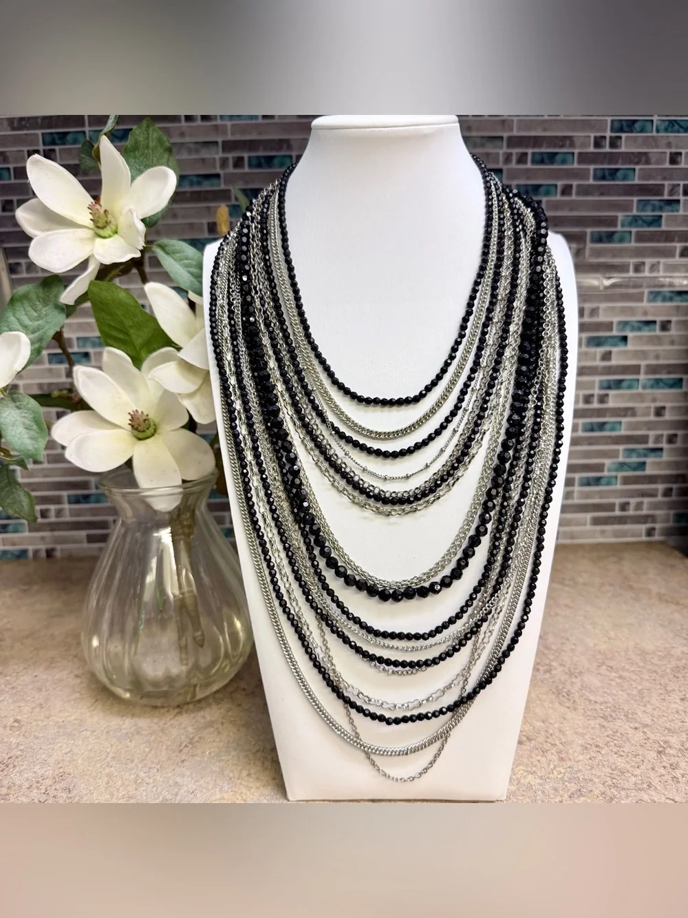 Cascading Multistrand Layered Black Bead & Silver Chains Statement Necklace